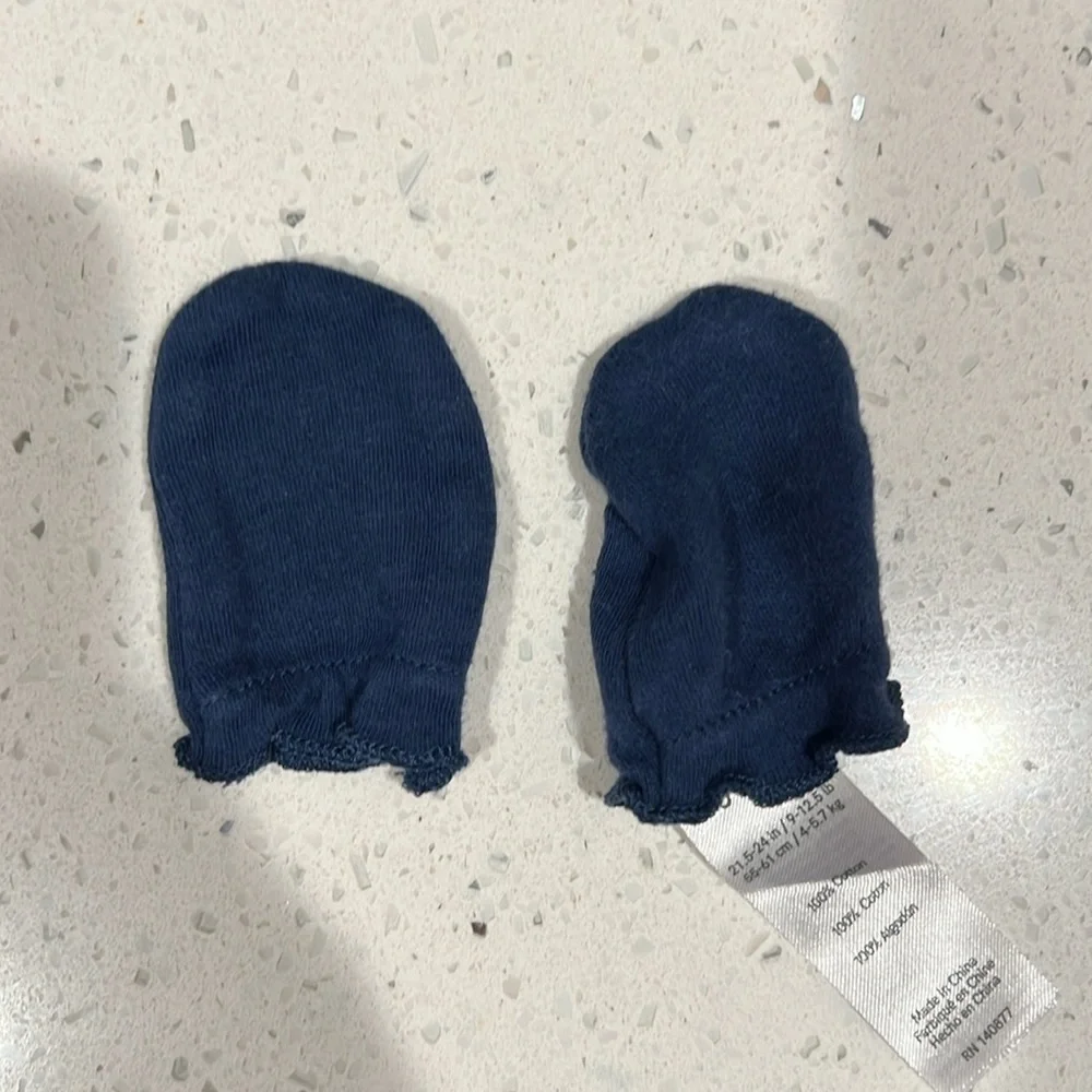 Three pairs of newborn mittens and one hat blue camo white stripes baby hospital
